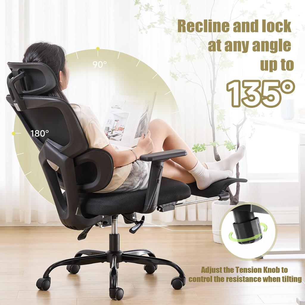 KITHOME Office Desk No No Back Approximately 140 Degree Ergonomic Mesh 4D Lumbar 3D 2D Computer PC 53cm Wide Black Chair, Chair, Telework, Fatigue,