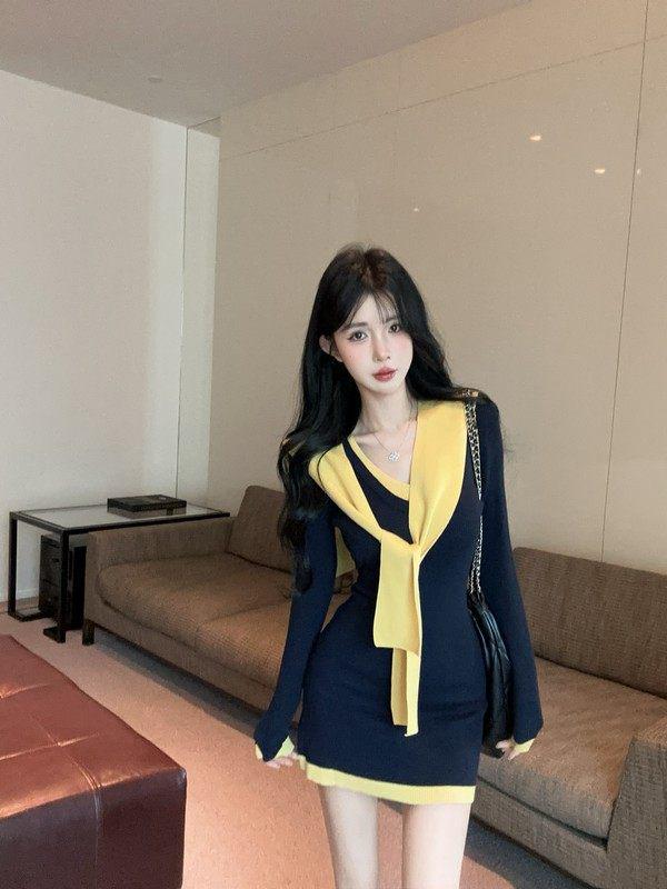 Women's Navy Collar Knit Dress: Spring Style, Sexy, Hip-Hugging, Two-Piece Look, Shawl Sweater Design