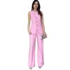 New Women's Sleeveless Solid Color Button Top and Straight Leg Pants Casual Set