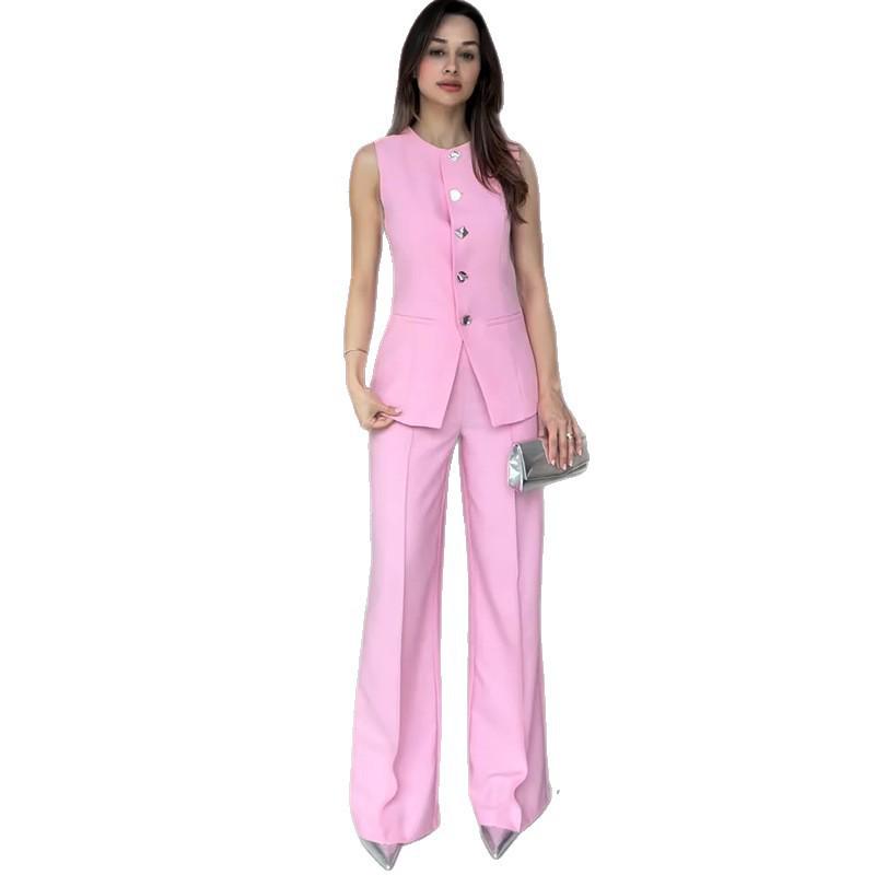 New Women's Sleeveless Solid Color Button Top and Straight Leg Pants Casual Set