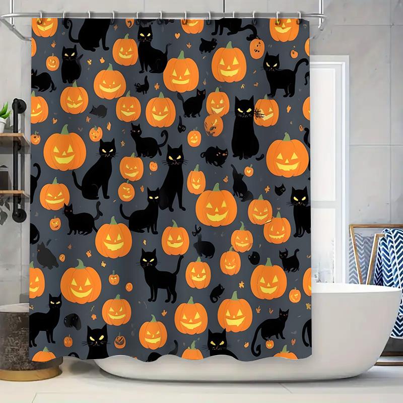 Halloween Pumpkin Cat Black Shower Curtain Halloween Decorative Polyester Bathtub Liner Home Decoration 28x76 Inches