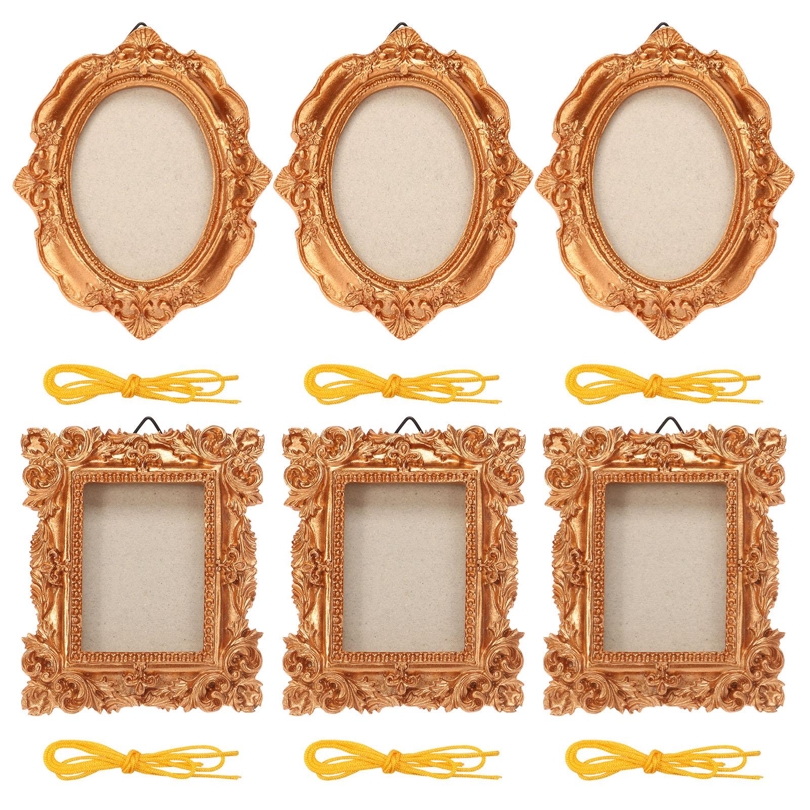 6Pcs Gold Tiny Picture Frame Wall Hanging Resin Oval Rectangle Photo Frames with Cord Baroque Ornate Gold Picture Frame for Home