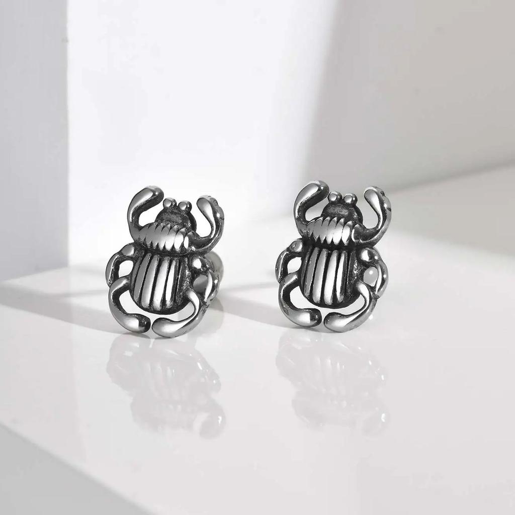 Creative Punk Stainless Steel Insect Beetle Stud Earrings for Men, Chic Silver Color Small Earrings, Trendy Party Jewelry Gift