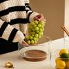 Wood Base Glass Fruit Bowl Transparent Glass Snack Storage Bowl Creative Salad Bowl  Party