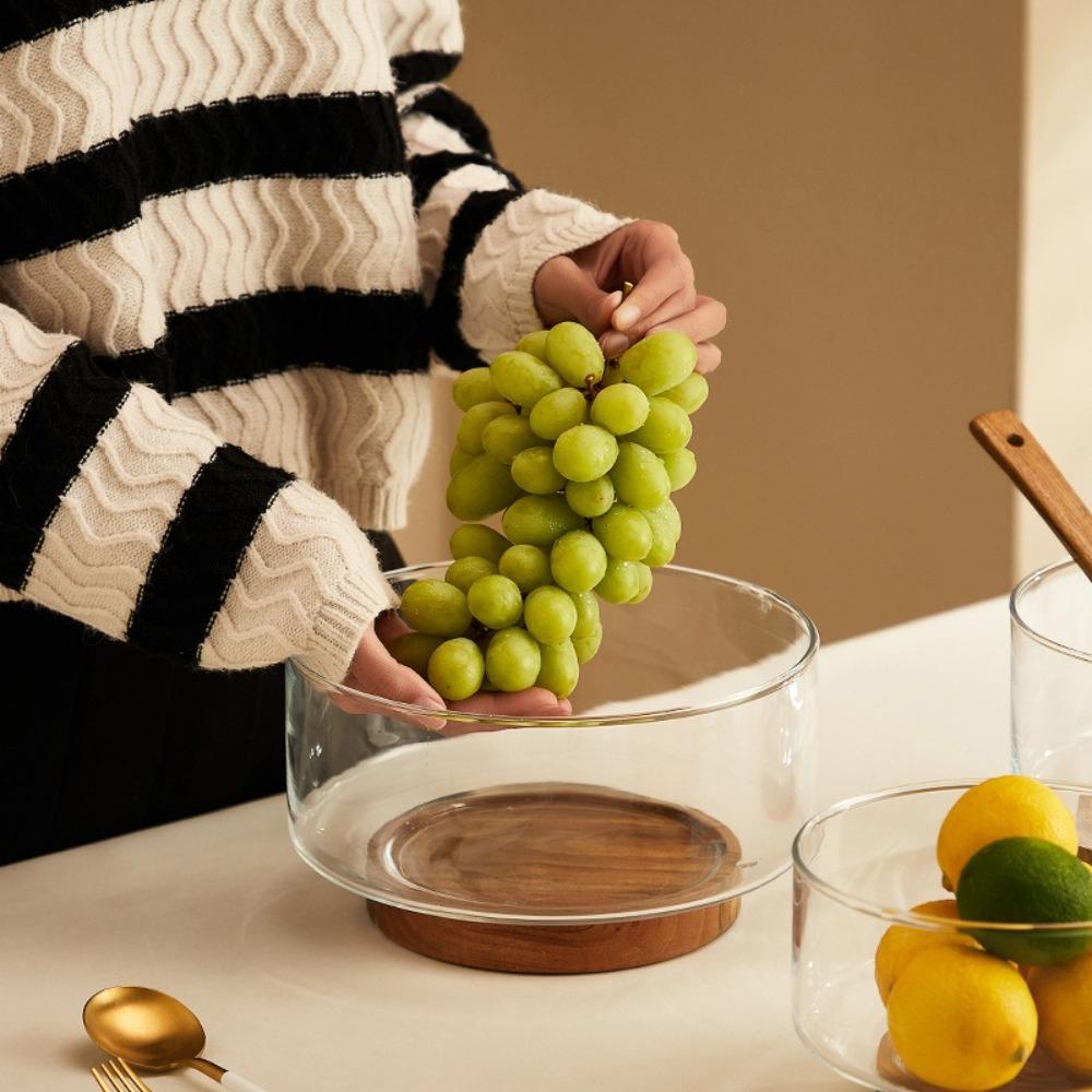 Wood Base Glass Fruit Bowl Transparent Glass Snack Storage Bowl Creative Salad Bowl Party