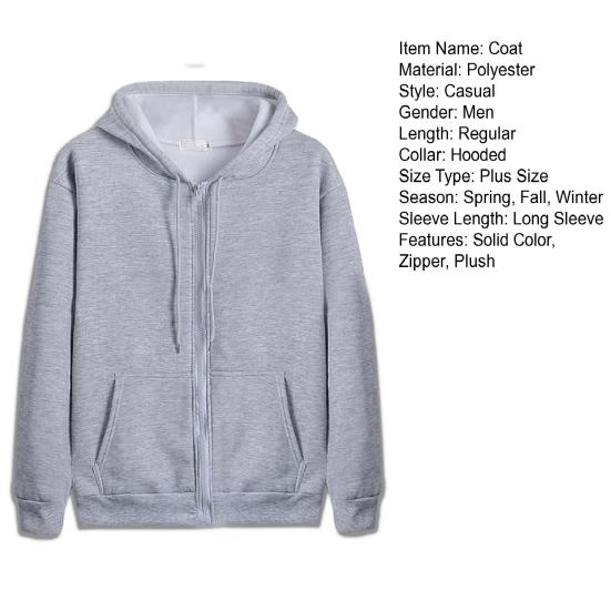 Men Autumn Coat Solid Color Hooded Hat Long Sleeves Thick Warm Plush Loose Winter Hoodie for School