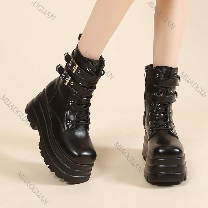 Fashion Women Black Punk Gothic Motorcycle Boots Chunky High Heel Ankle Boot Ladies Wedge Belt Buckle Platform Botines Female Shoes