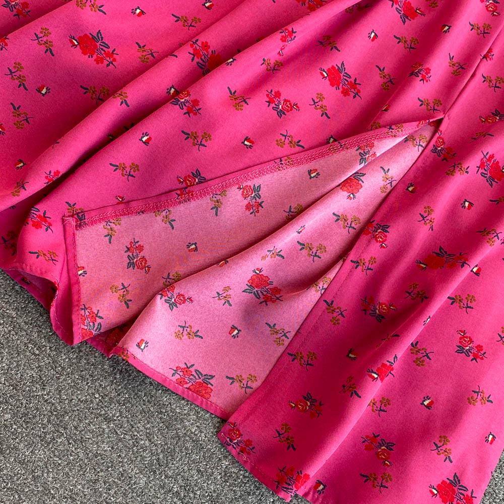 2022 Summer French Style Sweet Square Neck A-line Dress with Bubble Sleeves and Waist Slimming Slit