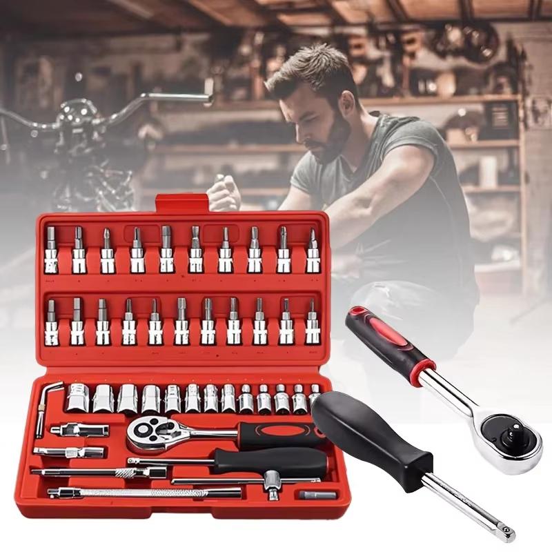 46Pcs Metric Socket Wrench Set Portable Durable Automotive Mechanical Repair Tool Kit for Motorcycle Daily Maintenance