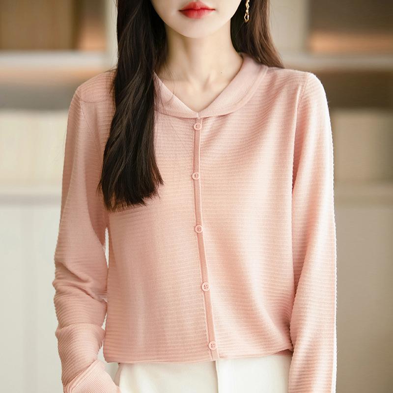 Dámský pletený svetr s dlouhým rukávem a límcem do panenky, volný, ležérní, snižující věk, tenký kardigan s překlopnými klopami