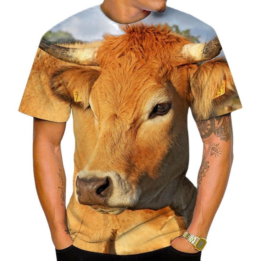 New Summer 3D Printed Men's T-Shirt, Cow Print Casual Short Sleeve, Fun Animal Breathable Lightweight Sports Top