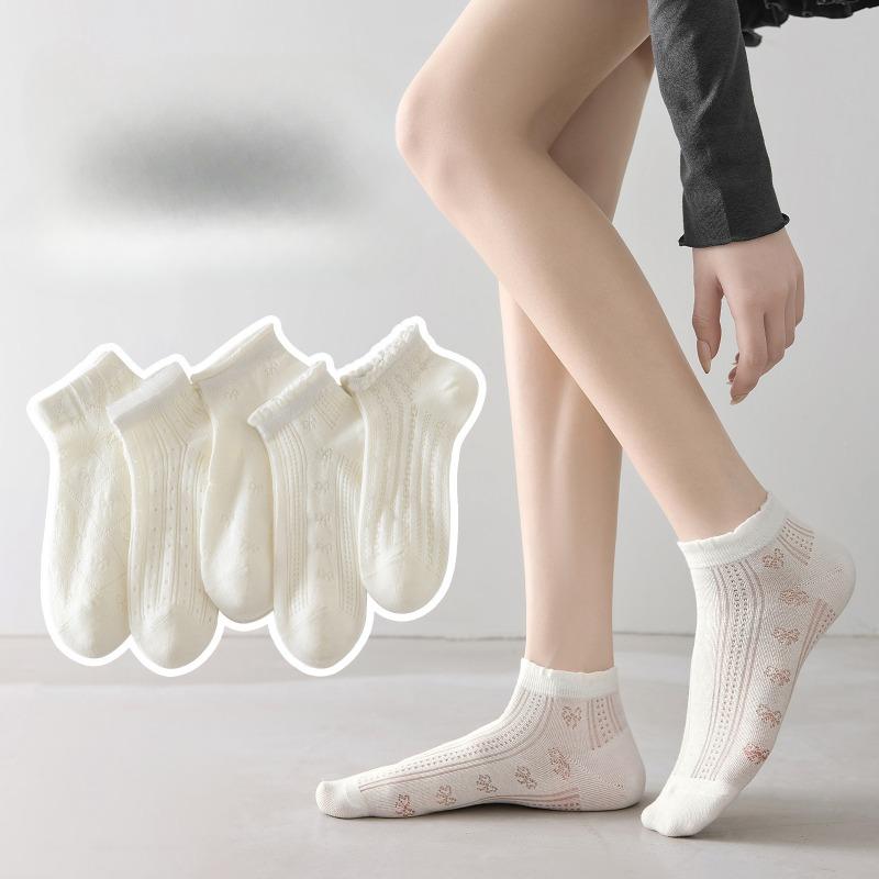 White Summer Thin Pure Cotton Mesh Breathable Bow Lace Girls' Summer Short Socks