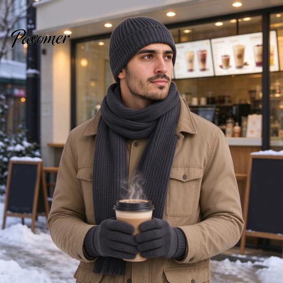 Soft Non Scratchy Winter Warmth Kit Men Knitted Hat Scarf Gloves Set, Solid Color Beanies, Warm Cozy Gift for Knit Cold Weather, Outdoor Skiing Daily