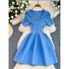Small daughter gold feeling heavy industry diamond-encrusted sequined round neck dress women's summer elastic knitted thin puffy short skirt