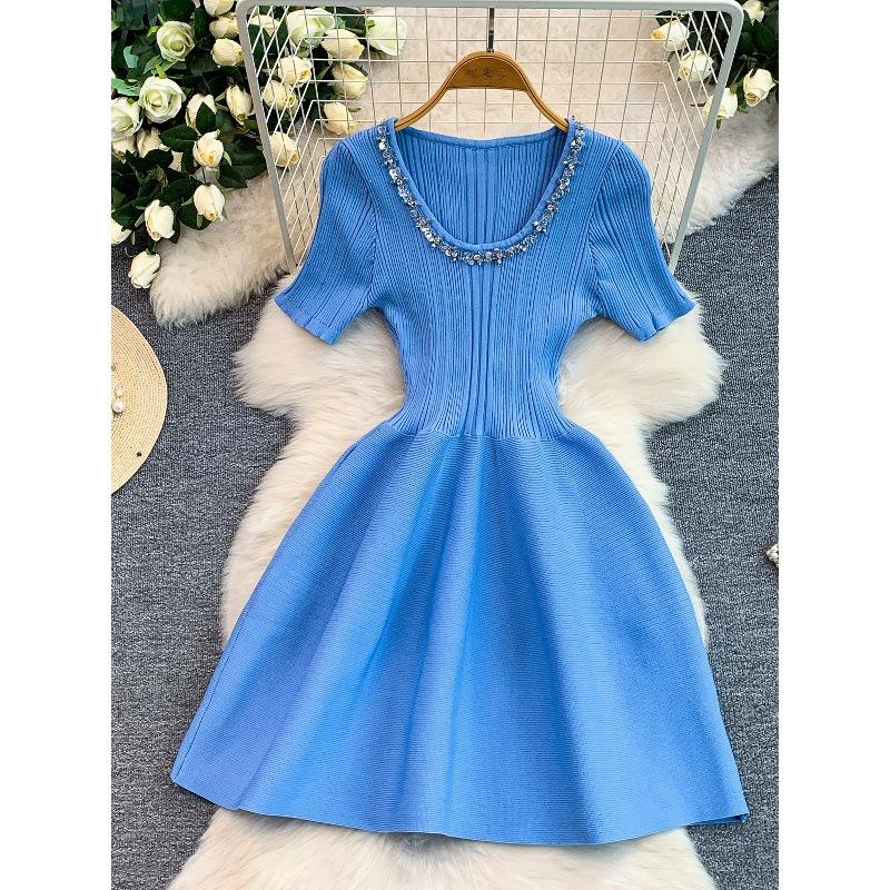 Small daughter gold feeling heavy industry diamond-encrusted sequined round neck dress women's summer elastic knitted thin puffy short skirt