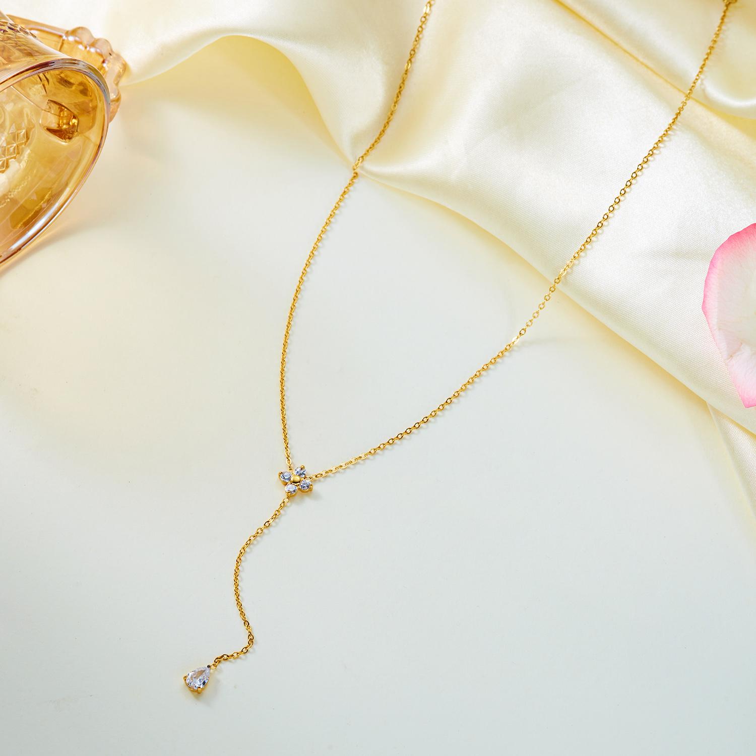 Minimalist Flower Stainless Steel Teardrop Y-shaped Necklace for Women Trendy Geometric CZ Stone Long Chain Party Jewelry Gift