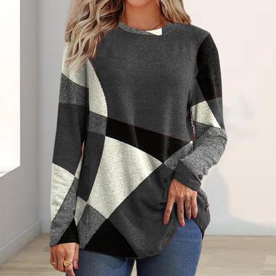 Damen Tops Rundhals Langarm Kontrastfarbe Geometrischer Druck Lockere Passform T-Shirt Lässiger Pullover