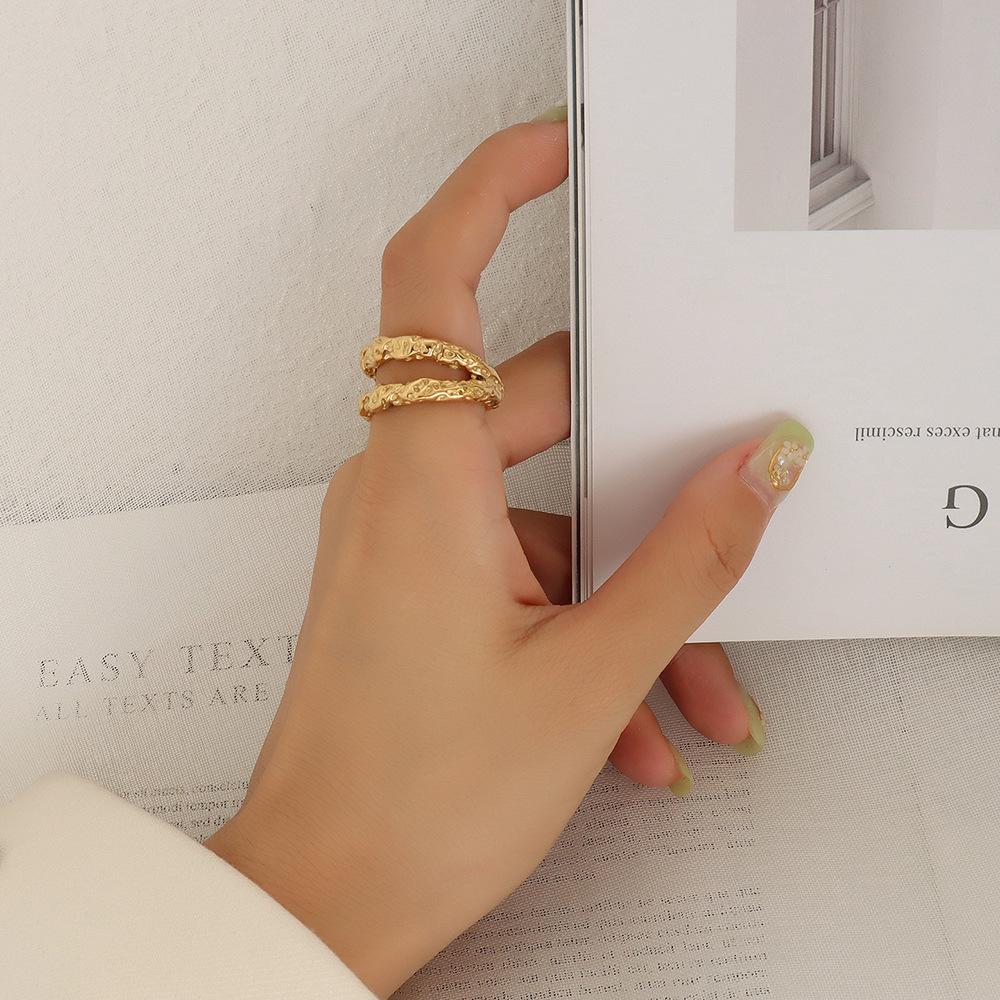 European Hammered Texture 18k Gold Titanium Steel Double Layer Index Finger Ring