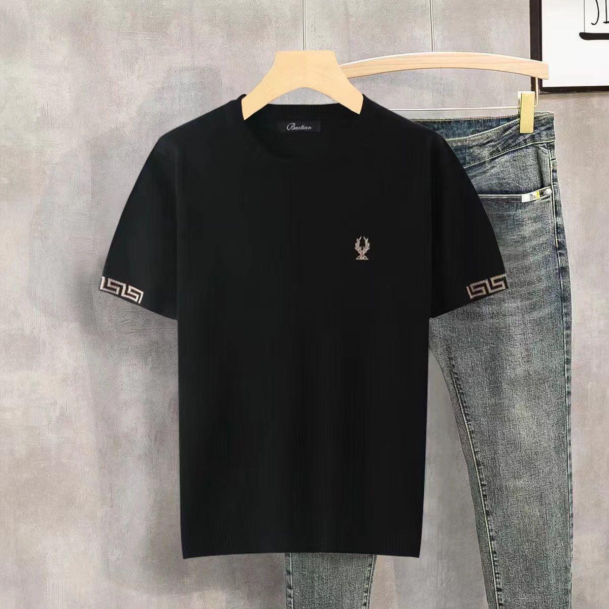 

Осенне-зимний мужской свитер с короткими рукавами, футболка с модной жаккардовой вышивкой и принтом головы оленя, повседневный топ большого размера XXXL чёрный