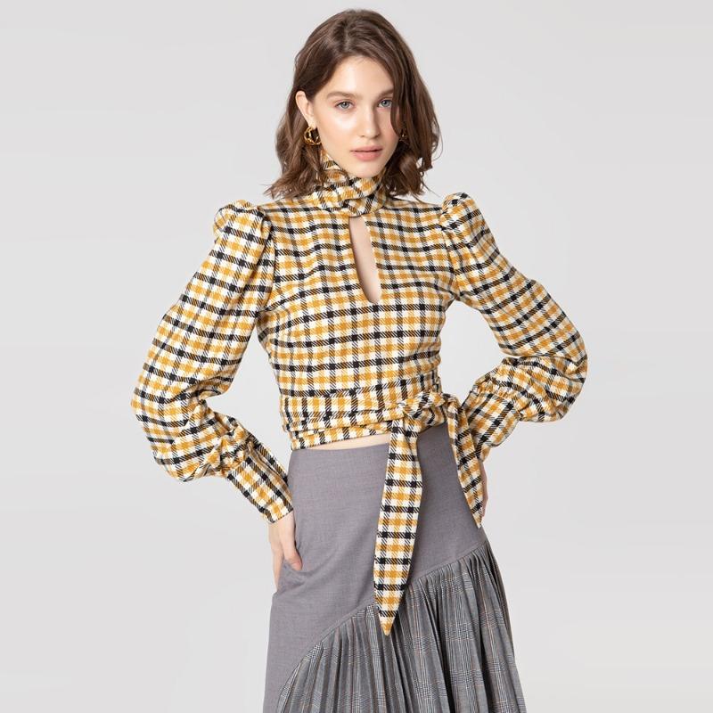 Sommer Herbst Damen Langarm Sexy Rückenfrei Kariertes Oberteil
