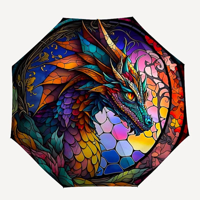 

1pc Stained Glass Dragon Automatic Folding Umbrella with 8 Bones, 3-Fold Compact Umbrella, Compact Design On-the-Go Essential, casual outdoo