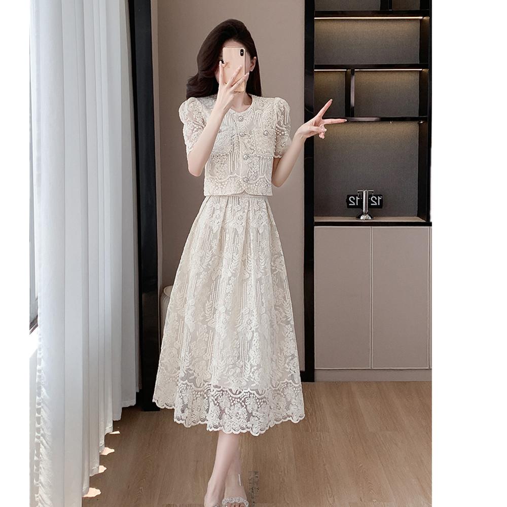 Elegante Damen Sommer Spitzenanzüge Süße einfarbige Blumenstickerei Hemd Tops Zweiteiliges Set Midi-Länge Rock Damen Outfits