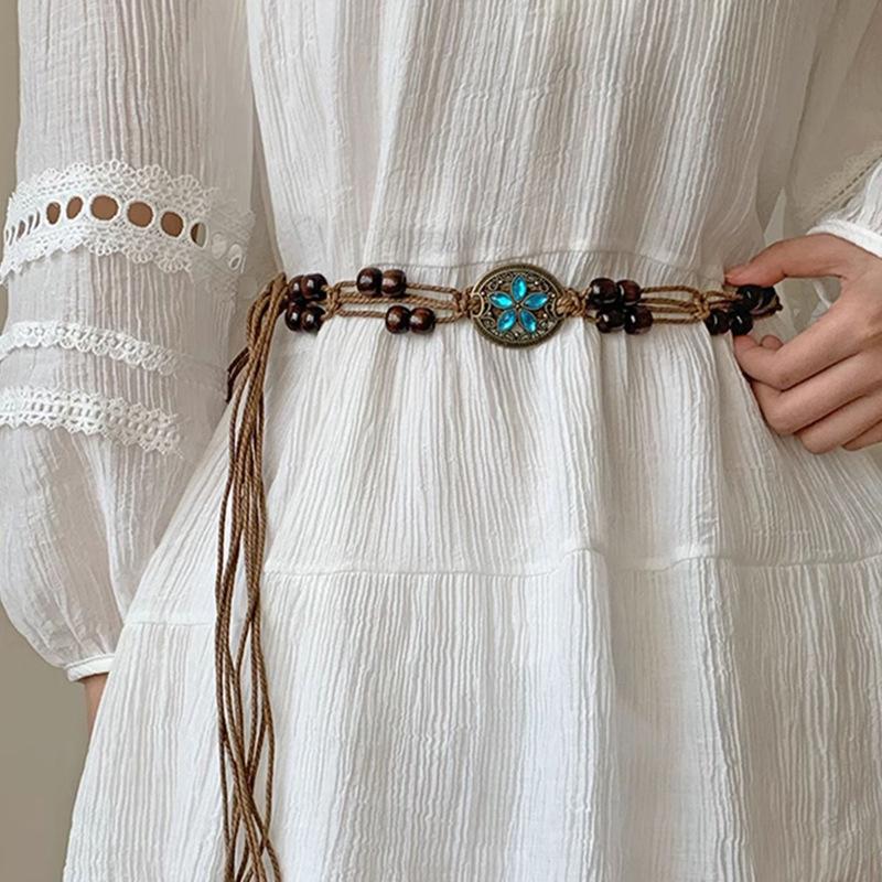 Vintage ethnic wind wood bead woven fringed waist chain bohemian belt clothing