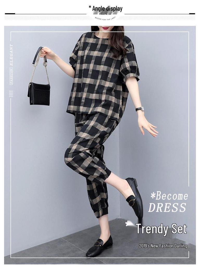 Women's Plaid Two-Piece Set: Summer Plus Size Casual Short Sleeve Top and Nine-Point Pants
