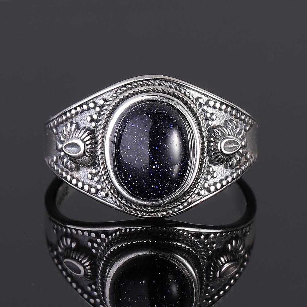 S925 Silver Ring for Women Oval Round Dropwater Natural Blue Sandstone Ring Gift Sun Shaped Retro Luxury Fine Jewelry
