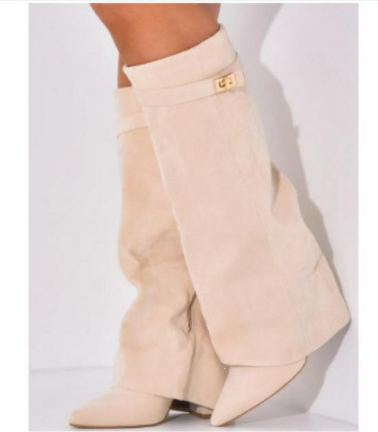 Bottes à talon bloc pointues pour femmes grande taille avec boucle métallique – Mi-longues, Mollets larges