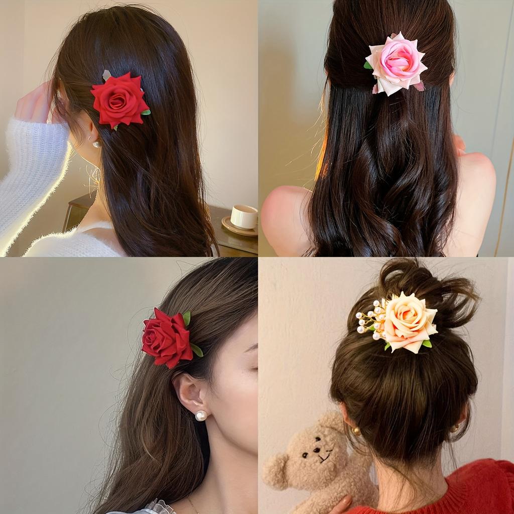 high qualityFive-piece Set Of Women's Elegant Hairpins - Rose Flower Design, Polyester Fiber - Spring & Summer Wedding Bridal Head Accessories | Hand