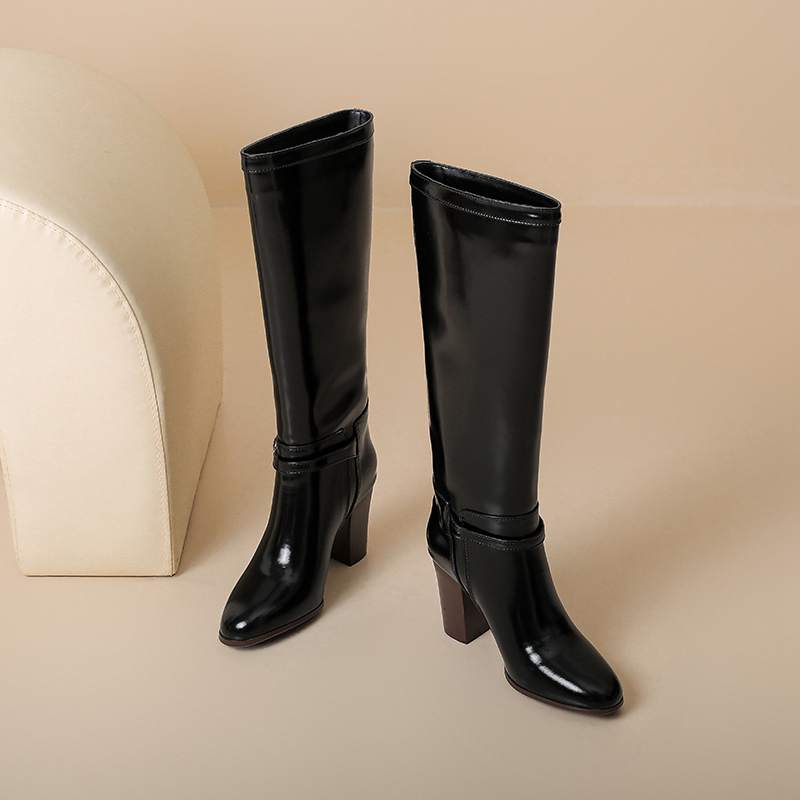 Krazing Pot Cow Split Skin Round Toe thick high Heels Knight Boots Size 46 Size 45 Slip on Plus Size Women Metal Buckle Thigh High Boots