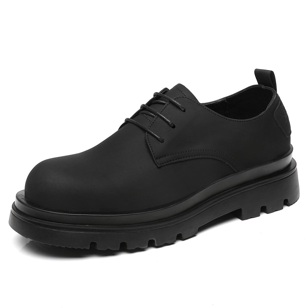 British Style Dark Black Leather Shoes Trendy Men and Women Niche Retro Matte Leather Heightening Big Head Shoes Men's Thick-soled Derby Shoes