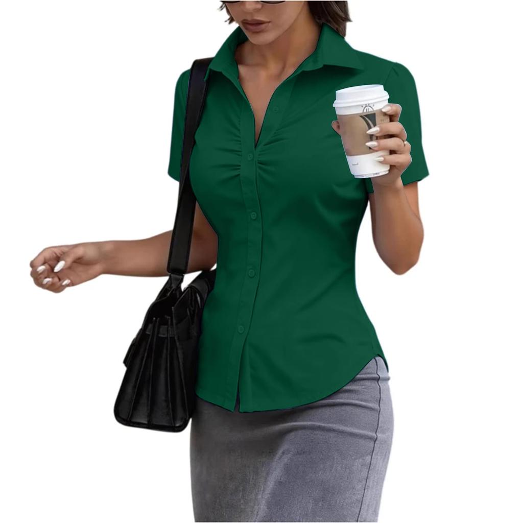 Women's Short Sleeve Button Down Shirt Slim Fit Collared Blouse Office Workwear Casual Top with Ruched Front Design