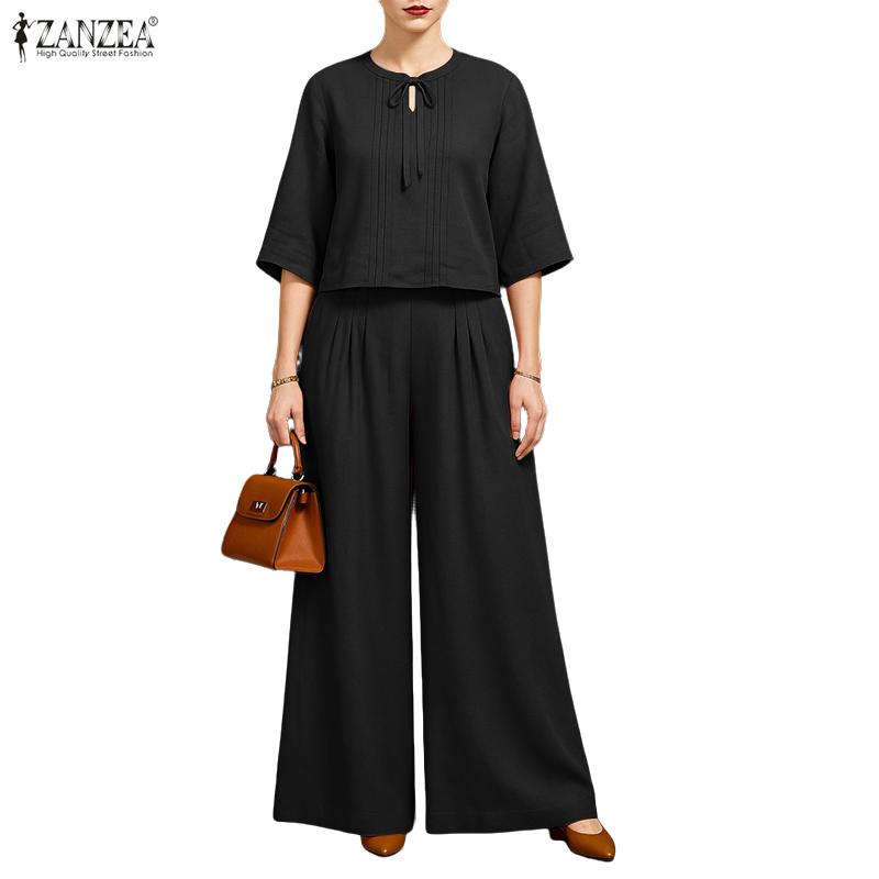ZANZEA Bluză și pantaloni cu mâneci 3/4 pentru femei Seturi de costume casual din două piese