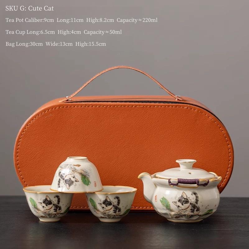 Ru Kiln Panda Travel Tea Set Convenient Handheld Pot One Pot Three Cups Outdoor Portable Tea Set Gift Tea Set Tea Ceremony Four-piece Set