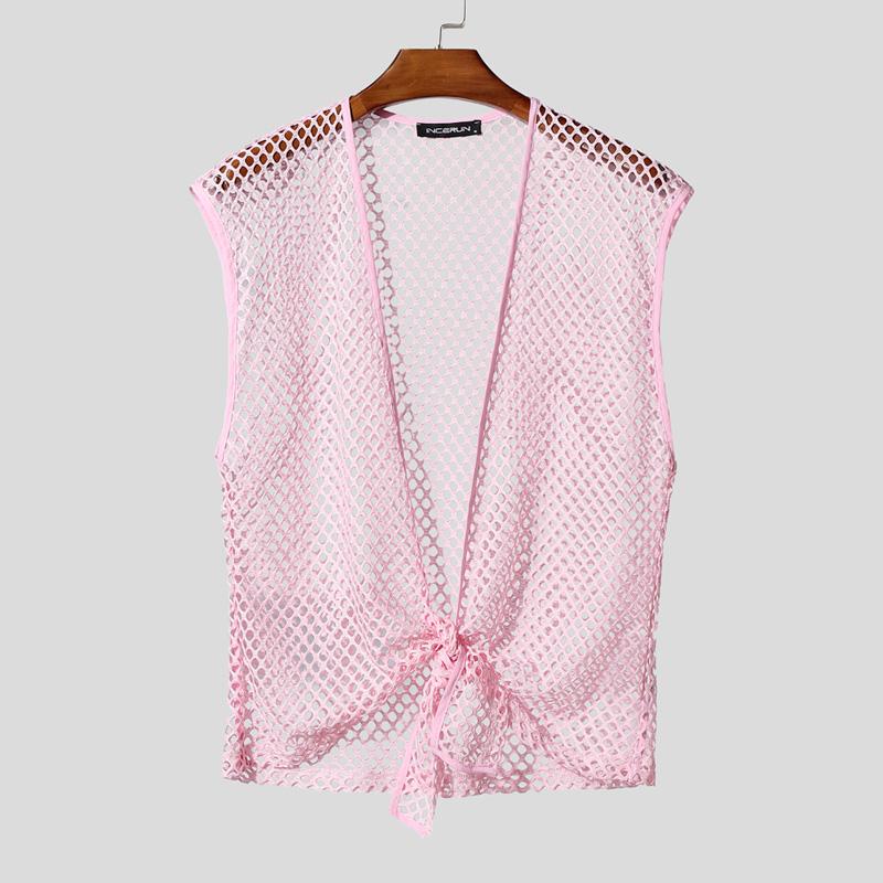 

INCERUN Summer Open Neck Hollow Out Fishnet Twisted Beach Holiday Tank Tops XL світло-рожевий колір