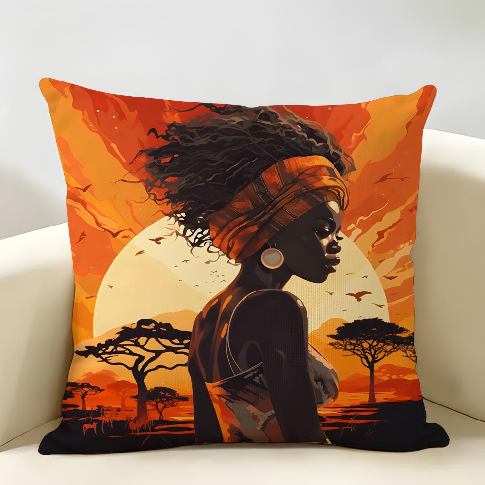 African American Woman Cushion Cover Natural Linen Organic Fabric DoubleSided Printing Room Sofa Decor Pillow Case
