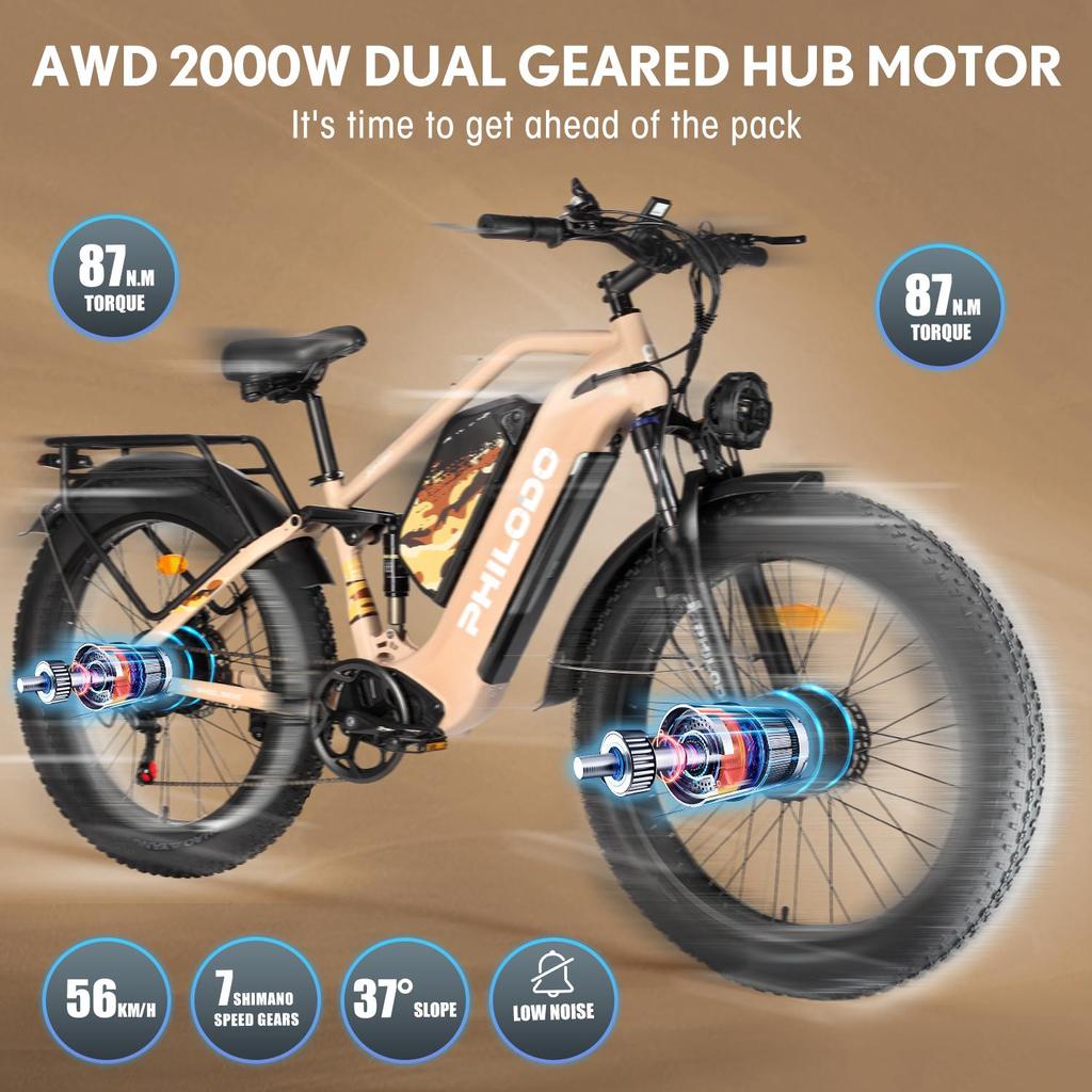 Electric Bicycle Philodo Jumbo 1500Wx2 Peak Motor 26" Fat Tire Full Suspension Electric  Bike For Adults 48V 46AH Dual Hydraulic Brake Max Load 150kg