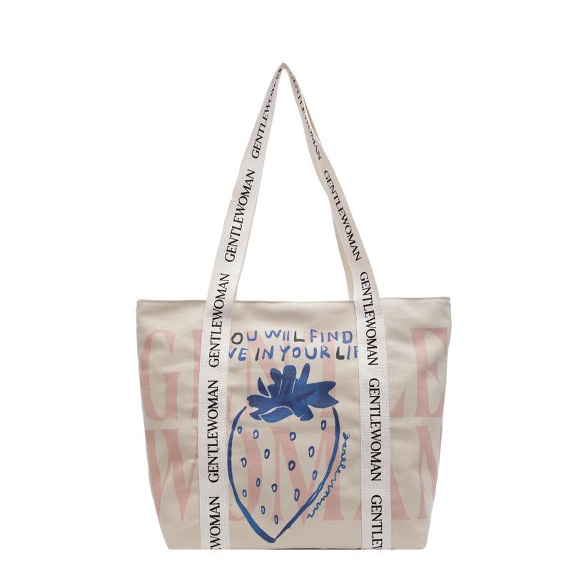 Cute strawberry printed tote bag college student class commute shoulder bag simple casual shopping bag