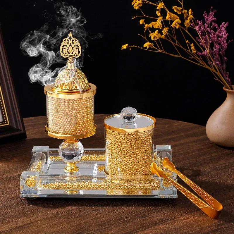 Golden Beads Glass Crystal Incense Burner Living Room Bedroom Crystal Ornaments Arabic Incense Burner Incense Plug