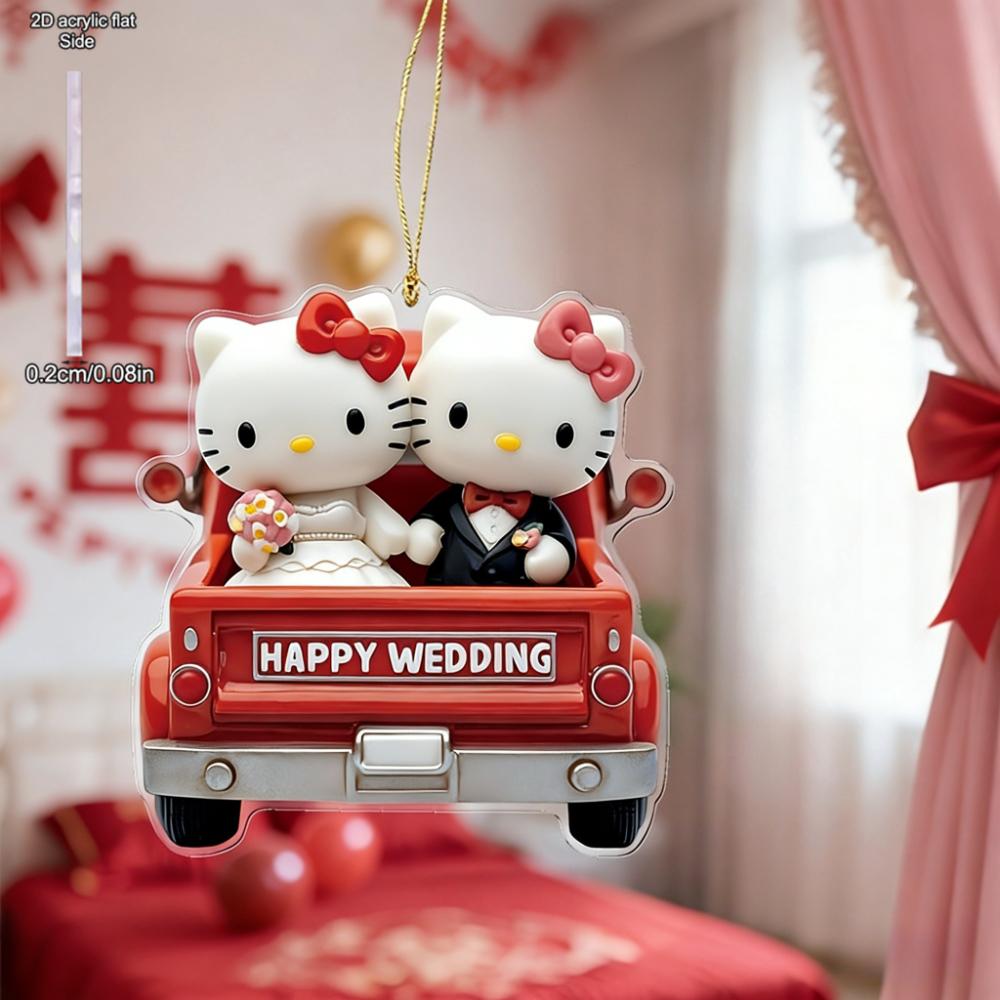 Ciondolo Acrilico Coppia di Sposi Hello Kitty - Design Romantico Sposo e Sposa con Cartello 'Sweet Home', Perfetto per Specchietto Retrovisore dell'Auto