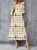 2025 Autumn and Winter New Women Casual Fashion Dress 3D Retro Pattern Print  Long Sleeve V-Neck A-Line Dresses