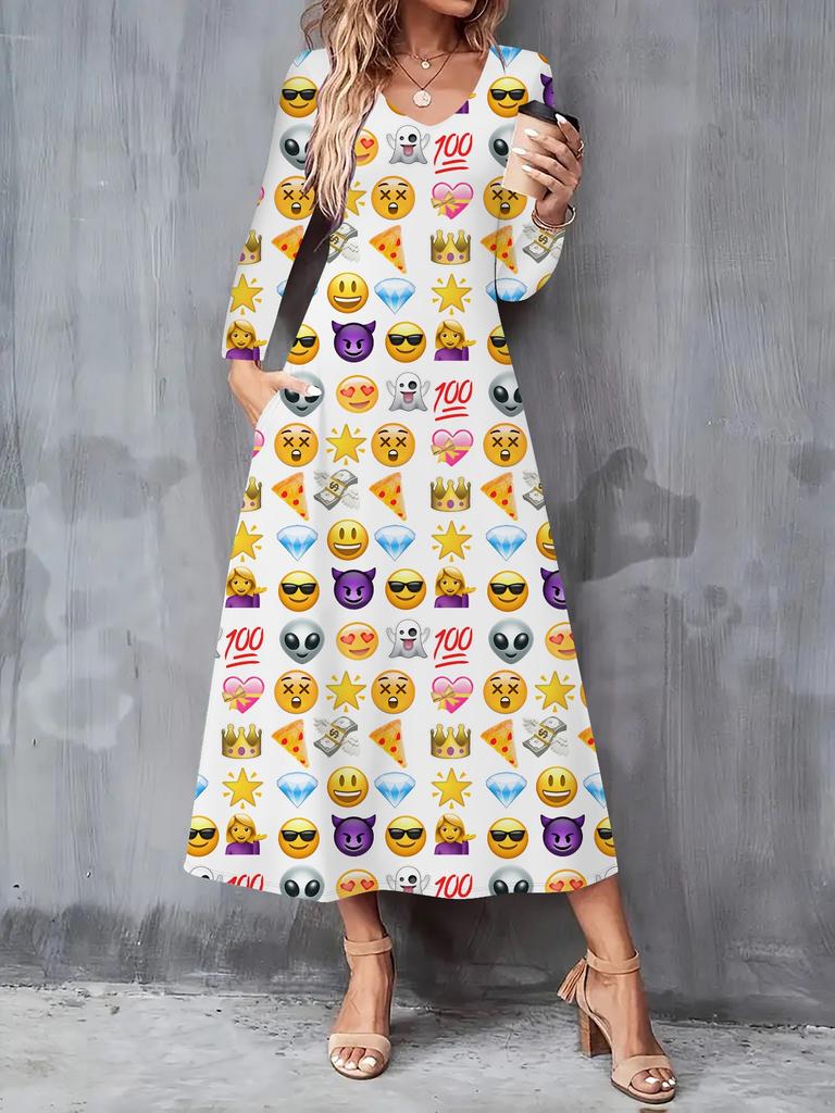 2025 Autumn and Winter New Women Casual Fashion Dress 3D Retro Pattern Print Long Sleeve V-Neck A-Line Dresses