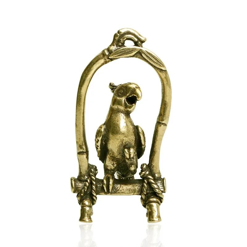 Animal Bird Key Chain Pendant Jewelry Decors Antique Copper Crafts Bird Cage Parrot Figurines Miniatures Desktop Ornaments Brass