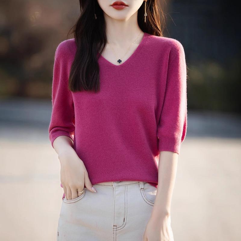 Women S Short Sleeve V Neck Solid Color Knit Pullover Top