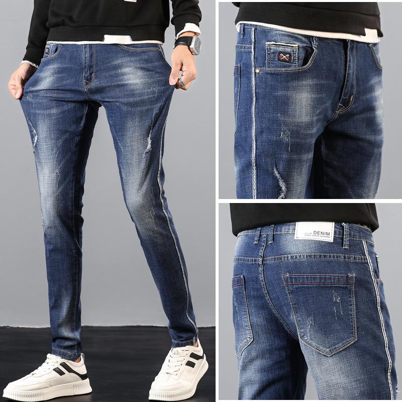 

Мужские брюки прямого кроя, мужские джинсы с дырками, подчеркивающие стройность, модные брендовые джинсы средней посадки небольшого кроя. 38