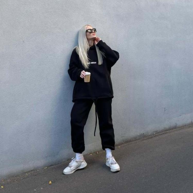 Women Autumn Winter Loose Hooded Long Sleeve O Neck Hoodies Suit with Printed Top and Wide Leg Pants