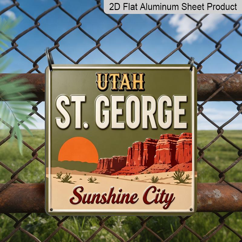 

2D Flat, 1pc, Vintage Metal Aluminum Decorative Sign, Utah St. George Sunshine City, Desert Landscape, Red Rock Cliffs, Historic Downtown, Warm 20*20cm