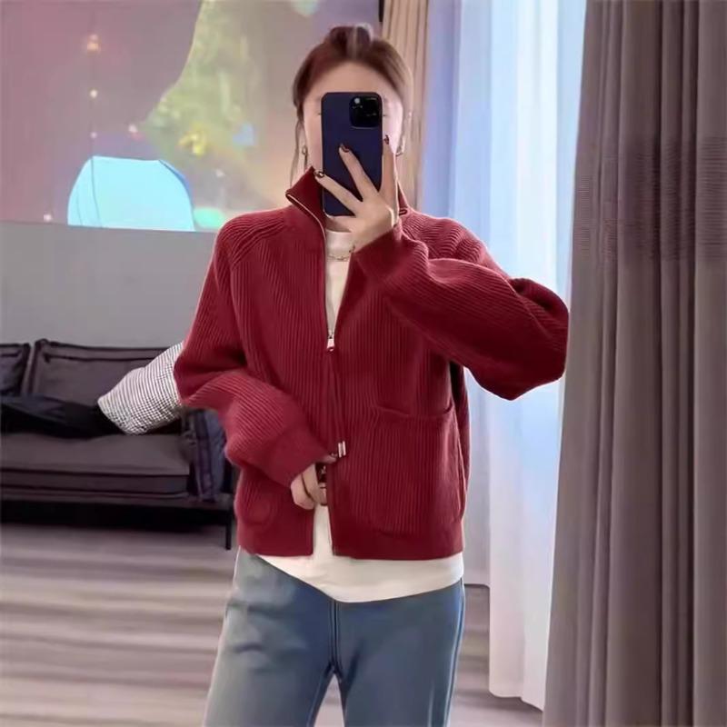 Autumn Winter Stand Collar Vintage Zipper Cardigan Sweater Women Casual Fashion Solid Color Knitting Cardigan Top